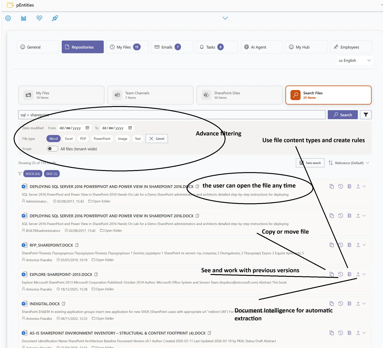 Tenant-wide document search with advanced filtering
