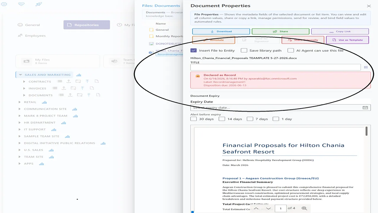 Document declared as a record under Microsoft Purview